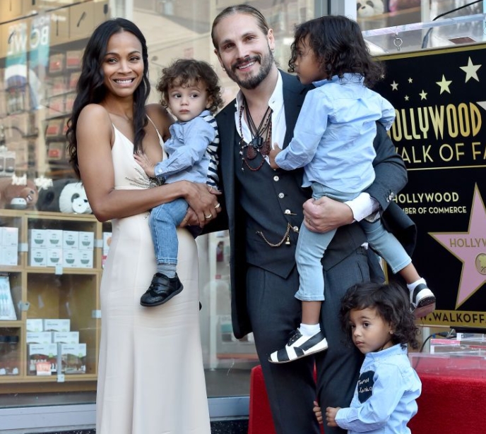 Zoe Saldaña with Marco Perego and their children Bowie Ezio, Cy Aridio, and Zen